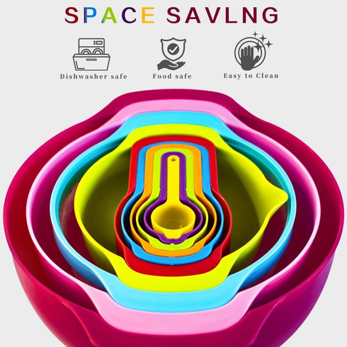 16-Pieces Plastic Mixing Bowls Set,WKTFOBM Nesting Plastic Mixing Bowl Set with Handles for Saving Space Storage,Colorful Serving Bowls and Measuring Cups Set for Kitchen Cooking & Baking
