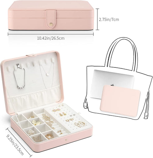 Vlando Jewelry Boxes for Girls, Women Jewelry Organizer Box Travel Necklace Earrings Ring Bracelet Jewelry Storage Case, Medium Portable Leather Jewellry Holder with Lid, Kids Gift, Pink