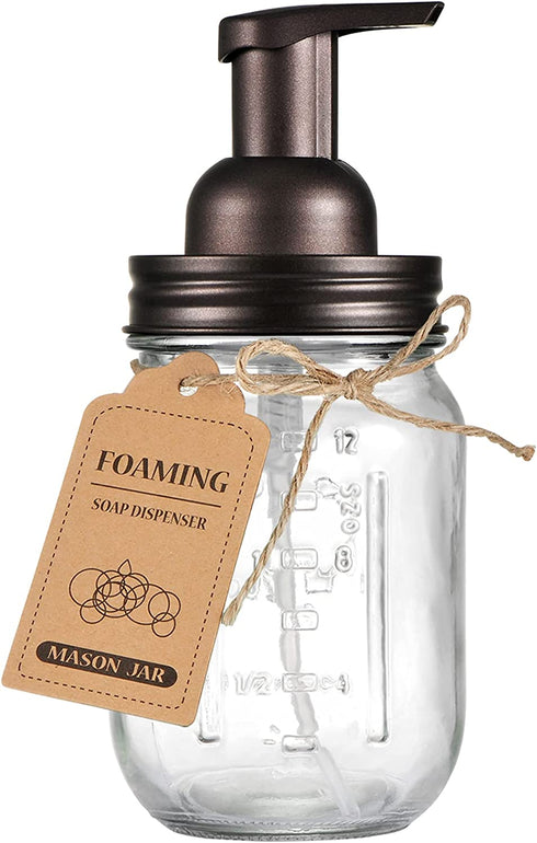 SheeChung Mason Jar Foaming Soap Dispenser-Rustproof Stainless Steel Lid & Foaming Soap Pump,Best Hand Foam Soap Dispenser Glass for Bathroom Vanities or Kitchen Sink,Countertops-Bronze (1 pk)