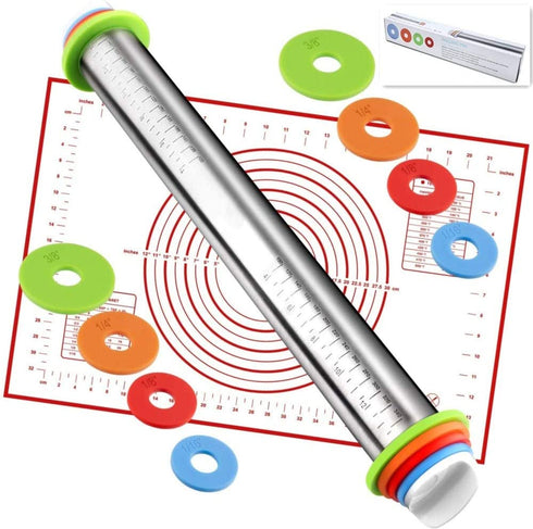 Rolling Pin nonstick and Silicone Baking Pastry Mat combo kit, Adjustable Rolling Pin With Thickness Rings, Rolling Pin for Baking Fondant, Pizza, Pie, Pastry, Pasta, Dough, Cookies (Red )
