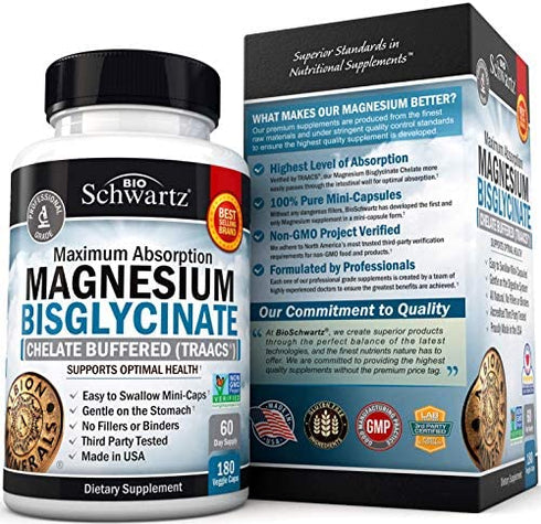 Magnesium Bisglycinate 100% Chelate No-Laxative Effect - Maximum Absorption & Bioavailability, Fully Reacted & Buffered - Healthy Energy Muscle Bone & Joint Support - Non-GMO Project Verified -180ct