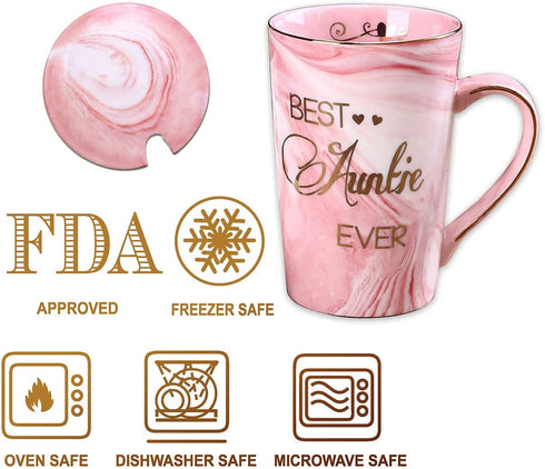 Aunt Gifts from Niece and Nephew - Best Auntie Ever Mug Funny Happy Birthday Presents for Aunty - Pink Marble Ceramic Coffee Cup 14 Oz