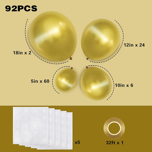 RUBFAC 92pcs Metallic Gold Balloons Chrome Gold Balloon Different Sizes 18 12 10 5 Inch Gold Latex Balloons for Birthday Party Graduation Baby Shower
