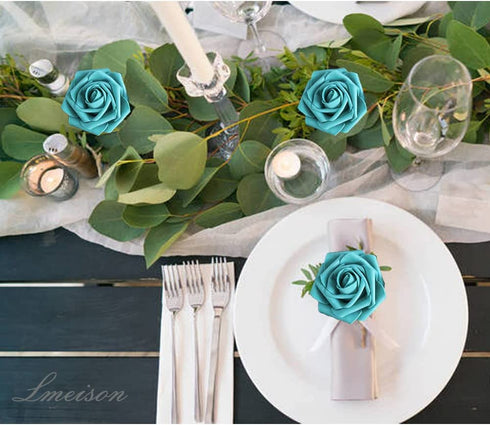 Lmeison Artificial Flowers Teal Green Roses, 50pcs Real Looking Foam Fake Roses with Stems for DIY Wedding Bouquets Centerpieces Valentine's Day Bridal Shower Party Tables Home Decorations