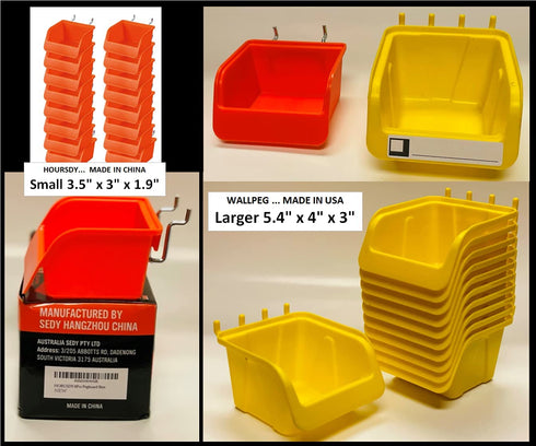 WallPeg Pegboard Bins - 12 Pack - Hooks to Peg Board - Organize Hardware, Accessories, Workbench, Garage Storage, Craft Room, Tool Shed, (6 ea. 7" & 6 ea. 5" Bins)