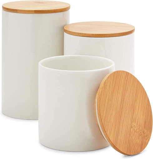 White Ceramic Kitchen Canisters with Bamboo Lids (3 Sizes, 3 Pack)