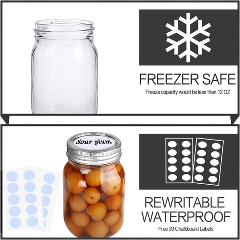 KAMOTA Mason Jars 12 oz With Regular Lids and Bands, Ideal for Jam, Honey, Wedding Favors, Shower Favors, Baby Foods, DIY Magnetic Spice Jars, 12 PACK, 20 Whiteboard Labels Included