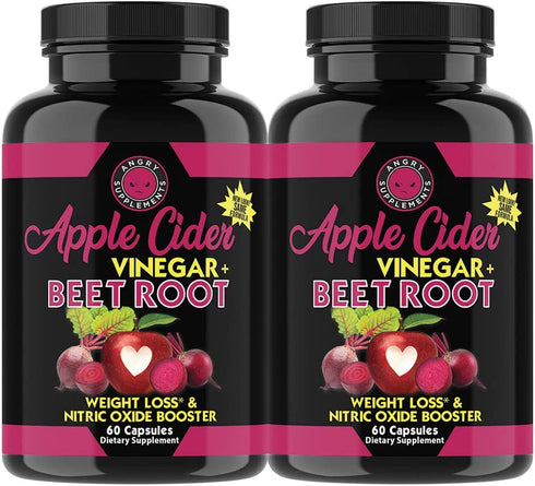 Angry Supplements Apple Cider Vinegar + Beet Root Capsules, Detox Pills, Nitric Oxide + Energy Booster (2-Bottles)