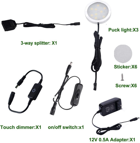 AIBOO Under Cabinet LED Black Cover Puck Lighting Kit with Touch Dimmer Switch for Kitchen Cupboard Closet Lighting (3 Lights,Daylight White)