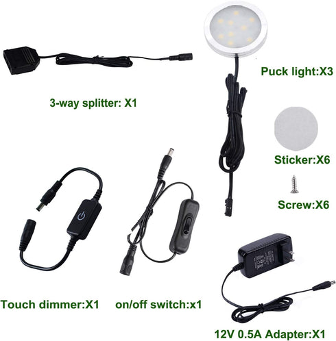 AIBOO Under Cabinet LED Puck Lighting Kit Black Cord with Touch Dimmer Switch for Kitchen Showcase Cupboard Closet Lighting 3 Lights 6W (Daylight White)
