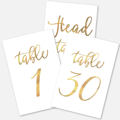 Gold Wedding Table Numbers Cards (1-30 + Head Table) 4x6" Double Sided Modern Calligraphy Foil Design Best for Receptions, Banquets, Caf©s, Restaurants & Parties by Merry Expressions