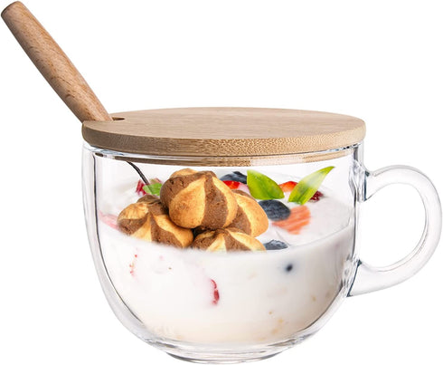 PARACITY Glass Cup 15OZ Clear Coffee Mug with Lids Spoon for Breakfast Tea,Milk,Beverage,Oats,yoghurt