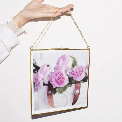 TLBTEK 8x8 inch Brass Hanging Photo Frame,Double Glass Frame for Pressed Flowers,Clear DIY Vintage Artwork Display Frame Wall Mounted Photos Frame