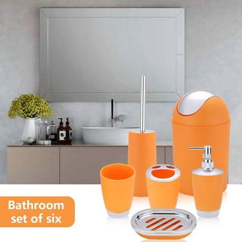 6 Piece Bathroom Accessories Set,Plastic Bath Ensemble Bath Set Lotion Bottles, Toothbrush Holder, Tooth Mug, Soap Dish, Toilet Brush, Trash Can (Orange)