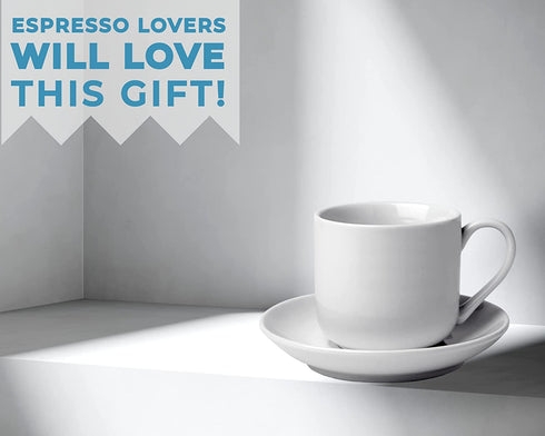 4oz. Espresso Cups Set of 4 With Matching Saucers - Premium White Porcelain, 8 Piece Gift Box Demitasse Set Italian Caff¨ Mugs, Turkish Coffee Cup Lungo Shots, Dopio Double Shot | White Set