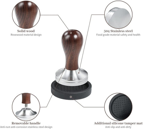 58mm Coffee Tamper Espresso Press with Tamper Mat 304 Stainless Steel Flat Base Wooden Handle for Coffee Grounds Barista Espresso Machines Accessory