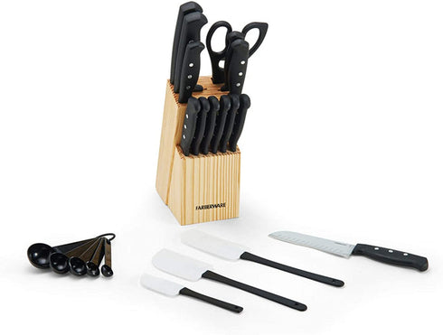 Farberware 22-Piece Never Needs Sharpening Triple Rivet High-Carbon Stainless Steel Knife Block and Kitchen Tool Set, Black