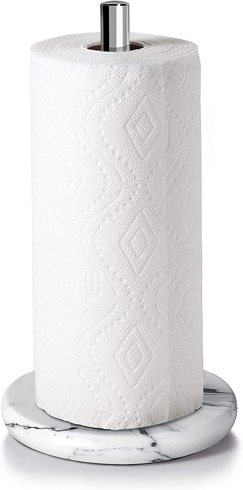 Topsky Paper Towel Holder, Paper Roll Stand Countertop, Stainless Steel Standing Tissue Roll Dispenser Rack with Marble Look Base for Scrunchies Kitchen Table fits Standard and Jumbo Size Paper Towels