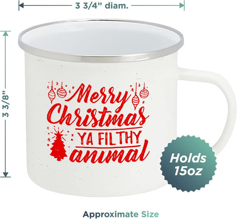 Holiday Coffee Mug - Festive White Enamel Camping 16 Ounce Coffee Cup For Home and Gifting, Merry Xmas Ya Filthy Animal