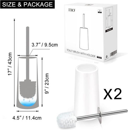 IXO Toilet Brush and Holder, 2 Pack Toilet Brush with 304 Stainless Steel Long Handle, Toilet Bowl Brush for Bathroom Toilet-Ergonomic, Elegant, Durable(Upgraded)