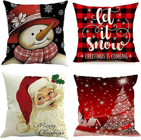 Emvency Set of 4 Throw Pillow Covers Christmas Snowman Let It Snow Red Black Buffalo Plaids Chair Decorative Pillow Cases Home Decor Square 20x20 Inches Pillowcases