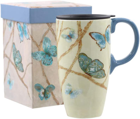 Topadorn Coffee Ceramic Mug Porcelain Latte Tea Cup With Lid 17oz., Blue Butterfly Mother's Day Mug
