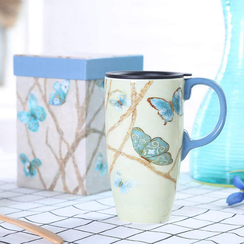 Topadorn Coffee Ceramic Mug Porcelain Latte Tea Cup With Lid 17oz., Blue Butterfly Mother's Day Mug