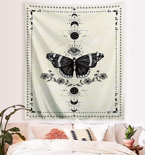 MENORCA Moon Phase Butterfly Wall Tapestry Hanging For Bedroom Aesthetic, Vertical Beige Vintage Tapestry-60 Inch Wide * 80 Inch High