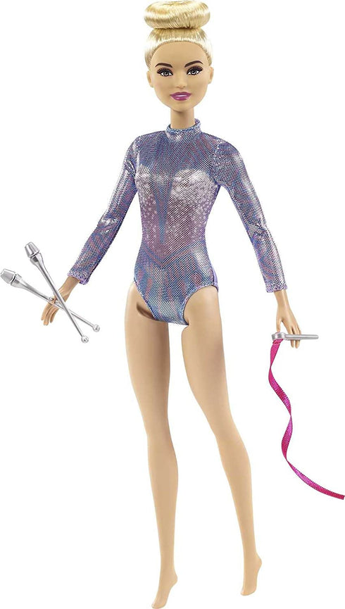 Barbie Rhythmic Gymnast Blonde Doll (12-in) with Colorful Metallic Leotard, 2 Clubs & Ribbon Accessory, Great Gift for Ages 3 Years Old & Up