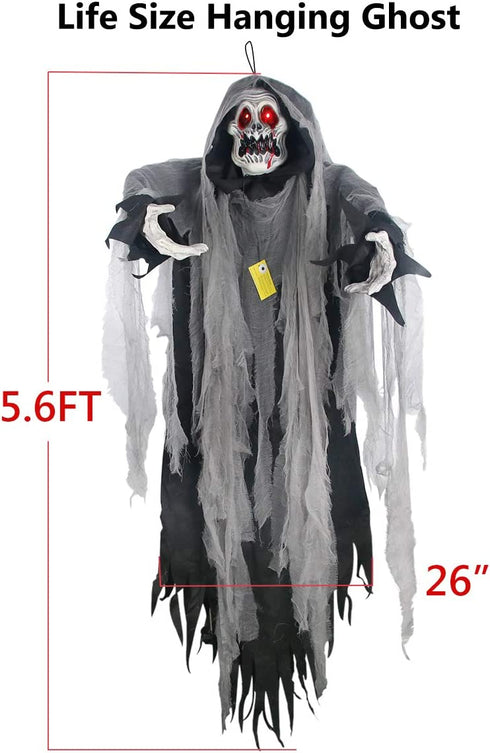 Halloween Hanging Ghost, 5.5 Ft Large Life size Halloween Prop Skull with LED Glowing Eyes and Creepy Shrilling Sound Scary Grim Reaper with Detachable Bendable Arms Perfect for Halloween Party Decor