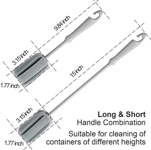 4 Pack Soft Sponge Bottle Cleaner Brush, Grey Plastic Handle Wine Glass Cup Brush Scrubber, Washing Brush Vase Bottle Pot Cleaning Brush with Traceless Hook, Long and Small Size 10€? 15€?