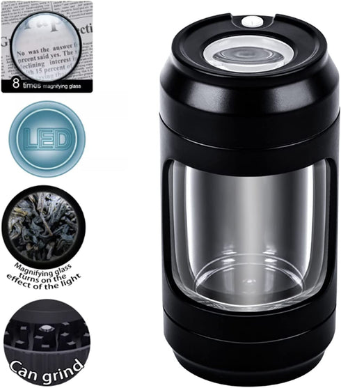 Storage Jar with Herb Grinder Led Light up, Herb Containers with 8x Magnifying Glass Jar Air Tight, Storage and Grinding in One Keep Herbs Dry and Fresh (Black)