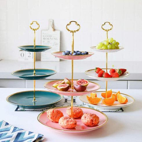 CofeLife 3 Tier Ceramic Cupcake Stand Elegant Cake Stand - Dessert Stand Display - 3 Tier Serving Tray for Tea Party, Wedding and Birthday (Pink Gold)