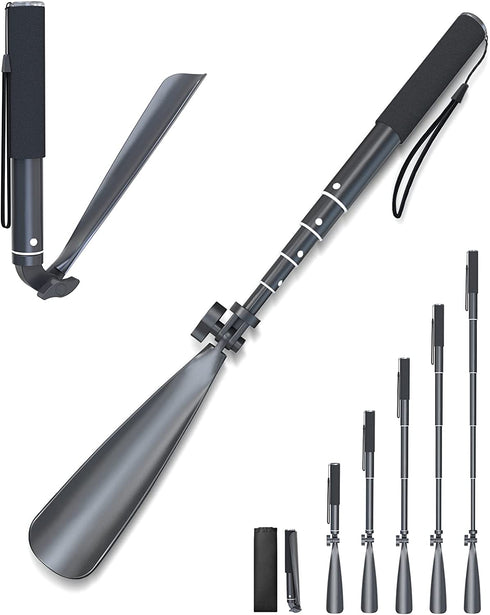 Zeerun Portable Long Metal Shoe Horn 8.5-39“, Telescopic Aluminum Alloy Dressing Aid Stick Long Handle Shoe Horn for Seniors, Men, Women and Kids