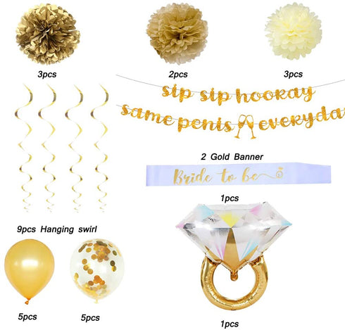 MEYSIMOON Bachelorette Party Decorations Kit Bridal Shower Supplies Gold Kit Ring Balloons,Gold Glitter Sip Sip Banner,Swirl,Paper Pom Poms,Bride to Be Sash for Hens Party Decoration