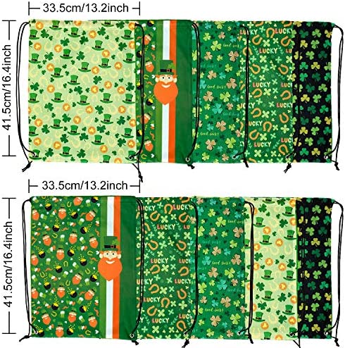 Whaline 5 Pieces St Patrick's Day Drawstring Bags, Shamrock Backpack Irish Large Goody Treat Candy Bags Bulk Wrapping Gift Bag for St Patrick's Party Favors