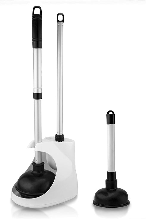 NEIKO 60168A Toilet Plunger Set | 4 Piece | Bonus Mini Sink and Drain Plunger, Brush and Caddy | Compact | Patented All-Angle Design | Telescopic Aluminum Handle , Black