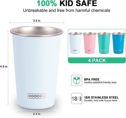 Koodee Stainless Steel Cups(4 Pack)16 oz Pint Tumbler Stackable Metal Drinking Glasses for Camping, Outdoors?Sky Blue-Baby Blue-Pink-Teal?