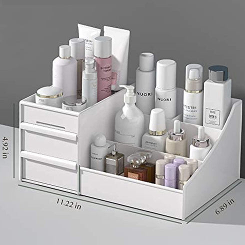 skin care organizer,Makeup Desk Organizer With Drawers,Countertop Organizer for Cosmetics,Vanity brush with Holder for Lipstick, Brushes, Eyeshadow, and Jewelry Desktop Finishing Dresser (White)