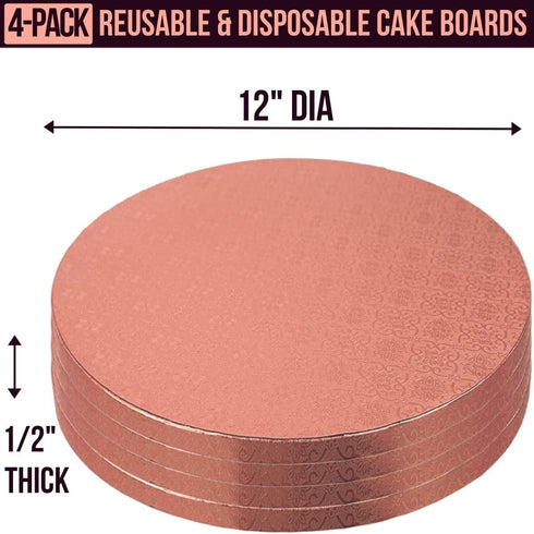 12 Inch Cake Boards - 4Pack Cake Drums 12 Inch Dia - Disposable Rose Gold Cake Board Circles - Reusable Round Cake Boards - Cake Base Cardboard Cake Rounds - Cake Decorating Supplies & Baking Supplies
