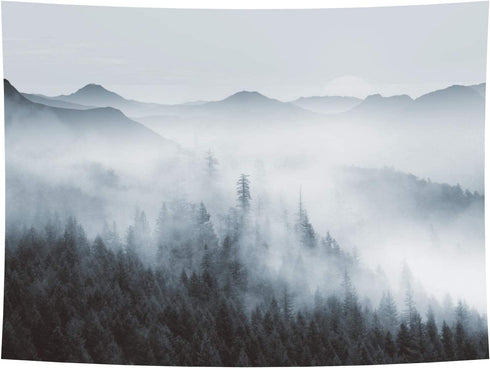 Heopapin Misty Forest Tapestry Forest Trees with Mountain Tapestry Black and White Fantastic Fog Magical Tapestry 3D Vision Nature Landscape Tapestry for Bedroom Living Room Dorm (W78.7 — H59.1)
