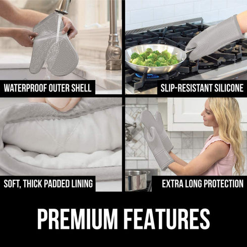 Gorilla Grip Heat Resistant Silicone Oven Mitts Set, Soft Quilted Lining, Extra Long, Waterproof Flexible Gloves for Cooking and BBQ, Kitchen Mitt Potholders, Easy Clean, Set of 2, Almond