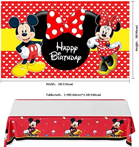 Mickey Minnie Mouse Themed Backdrop and Tablecloth Party Supplies Disney Cartoon Colorful Dots Photography Background Happy Birthday Banner Decorations