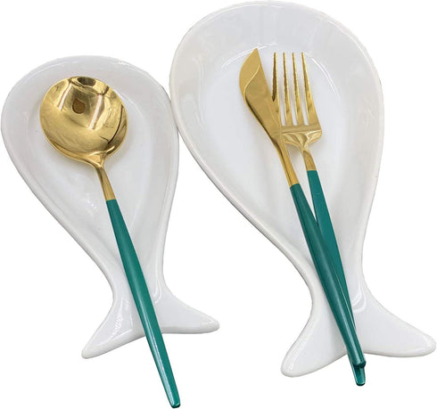 Fish Spoon Rest Ceramic for Kitchen Set of 2, White