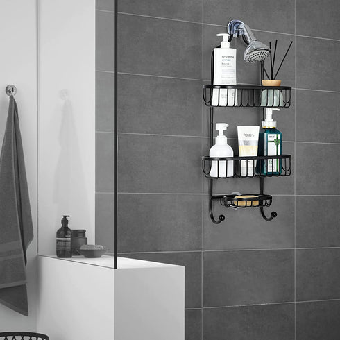 Sanduby Hanging Shower Caddy Basket, Aluminum Rustproof Shower Racks over Shower Head, Detachable Lightweight Shower Organizer Hanging Shower Storage Rack with Soap Dish, Black, 11.8" x 4.7" x 25.2"