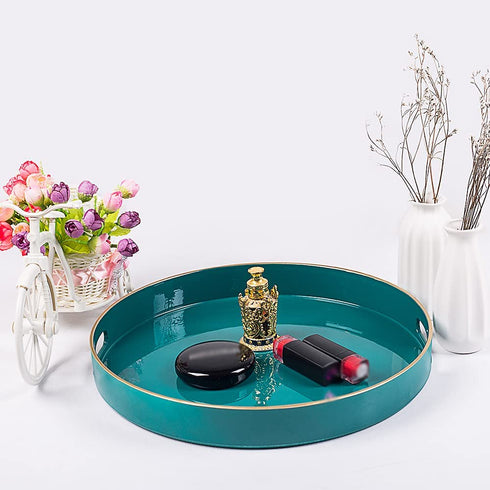MAONAME 13" Round Tray, Teal Serving Tray with Handles, Modern Decorative Tray for Coffee Table, Plastic Ottoman Tray for Ottoman, Bathroom, Decor