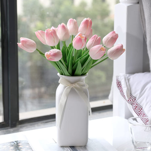 Cloudecor 20Pcs Artificial Tulips Real Touch Artificial Flowers Fake Tulip Latex Bouquet Flower for Wedding Party Home Garden Office DIY Floral Arrangement Decor (Pink - 20p)