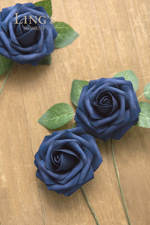 Ling's moment Rose Artificial Flowers 25pcs Realistic Fake Roses w/Stem for DIY Wedding Bouquets Centerpieces Bridal Shower Party Home Decorations (Navy Blue, 25pcs Regular 3")