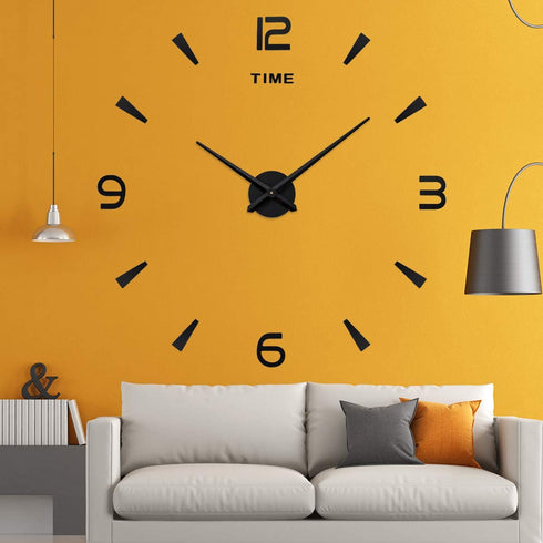 Aililife 3D DIY Wall Clock Decor Sticker Mirror Frameless Large DIY Wall Clock Kit for Home Living Room Bedroom Office Decoration (Black)