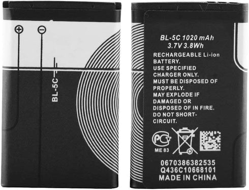 BL-5C 3.7V 1020mAh Rechargeable Battery Suitable for Household Radio with Current Protection 2 Pieces (Black)